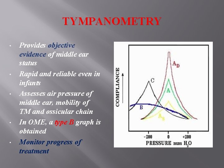 TYMPANOMETRY • • • Provides objective evidence of middle ear status Rapid and reliable