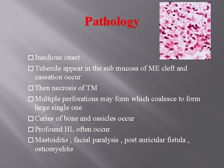 Pathology � Insidious onset � Tubercle appear in the sub mucosa of ME cleft