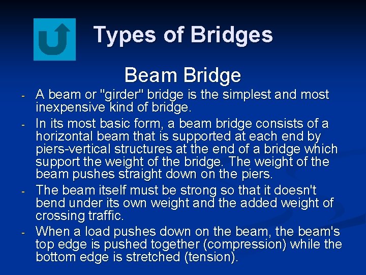 Types of Bridges Beam Bridge - - - A beam or "girder" bridge is