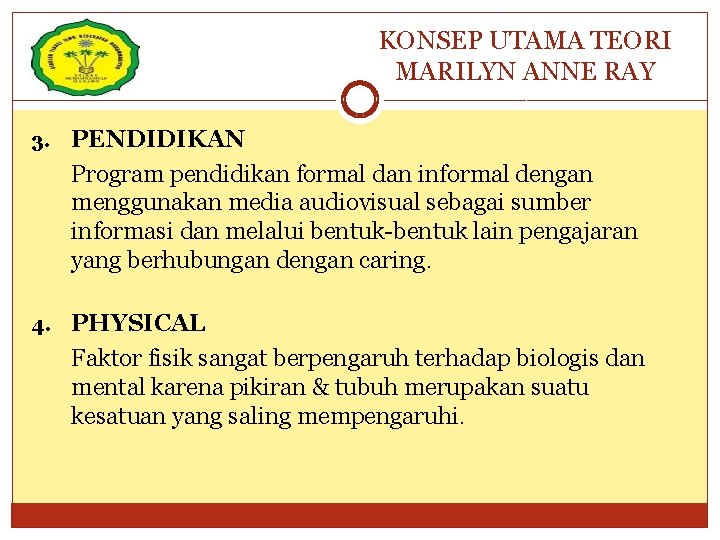 KONSEP UTAMA TEORI MARILYN ANNE RAY 3. PENDIDIKAN Program pendidikan formal dan informal dengan