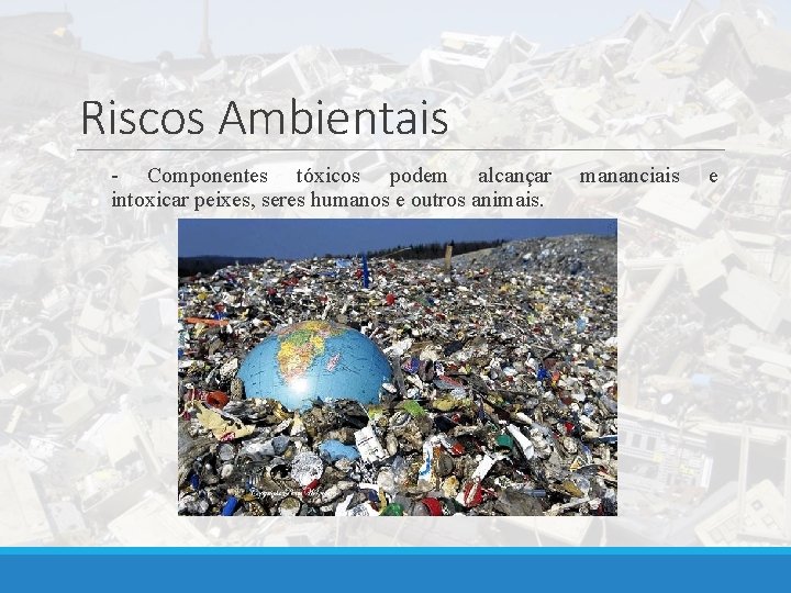 Riscos Ambientais - Componentes tóxicos podem alcançar intoxicar peixes, seres humanos e outros animais.