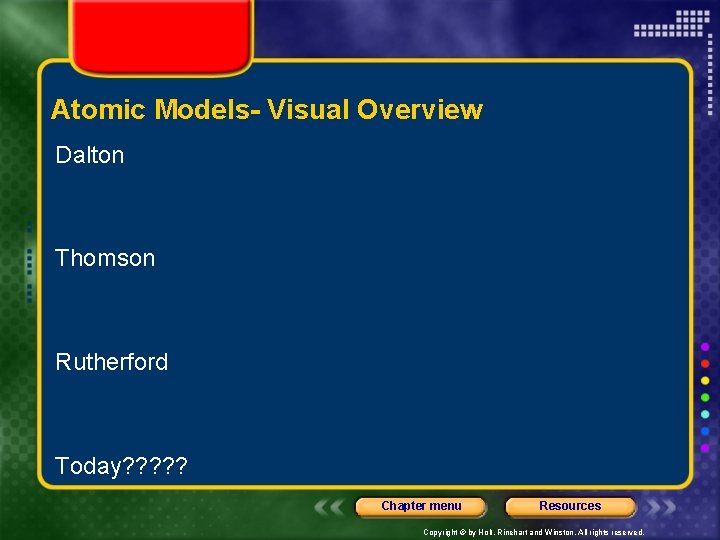 Atomic Models- Visual Overview Dalton Thomson Rutherford Today? ? ? Chapter menu Resources Copyright