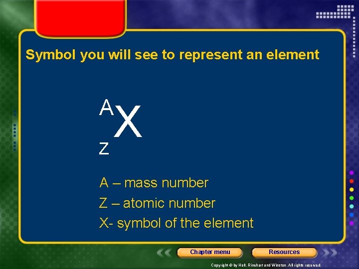 Symbol you will see to represent an element A Z X A – mass