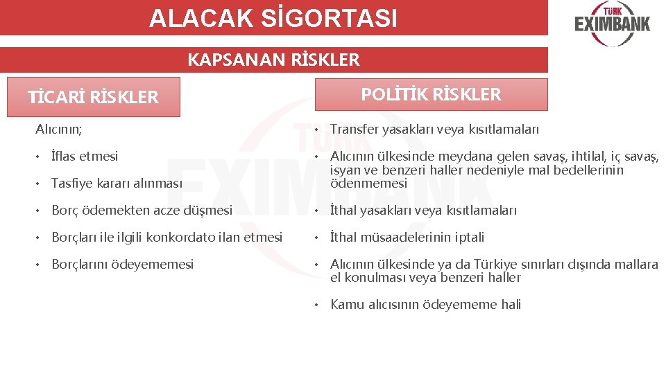 ALACAK SİGORTASI KAPSANAN RİSKLER TİCARİ RİSKLER POLİTİK RİSKLER Alıcının; • Transfer yasakları veya kısıtlamaları