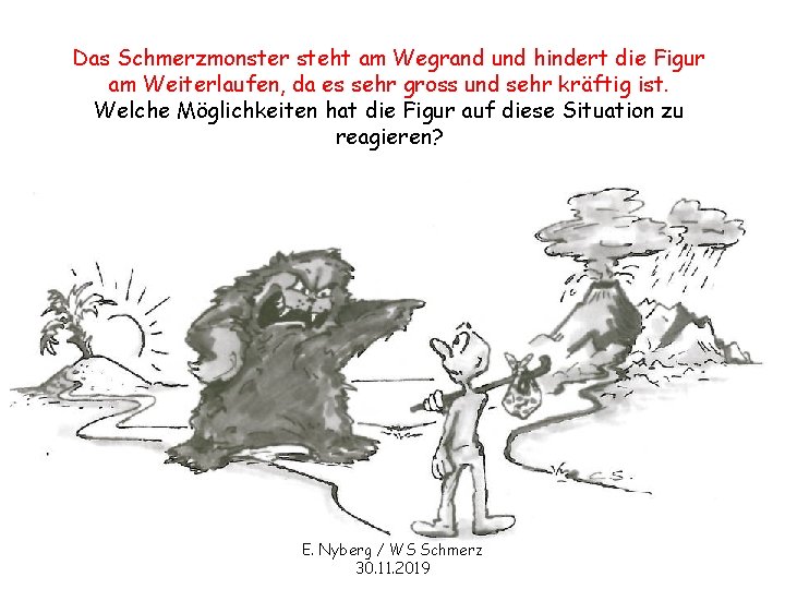 Das Schmerzmonster steht am Wegrand und hindert die Figur am Weiterlaufen, da es sehr