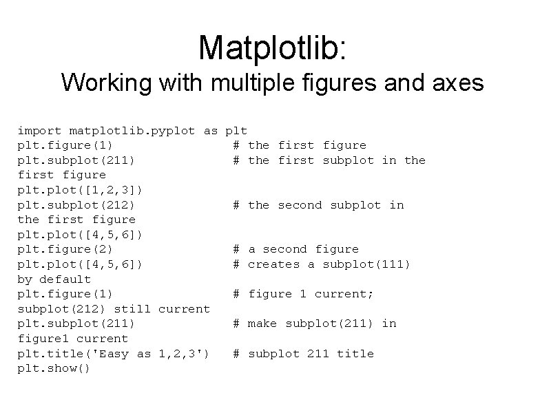 Matplotlib: Working with multiple figures and axes import matplotlib. pyplot as plt. figure(1) #
