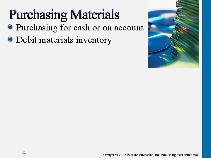 Purchasing Materials Purchasing for cash or on account Debit materials inventory 11 Copyright ©