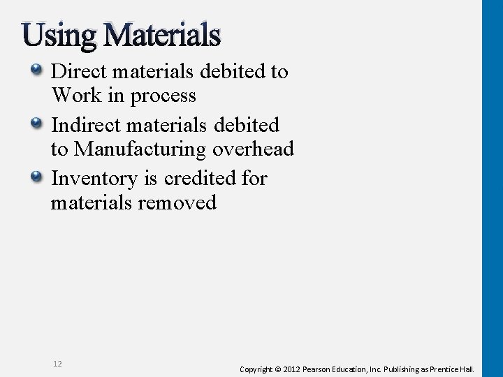 Using Materials Direct materials debited to Work in process Indirect materials debited to Manufacturing