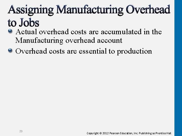 Assigning Manufacturing Overhead to Jobs Actual overhead costs are accumulated in the Manufacturing overhead