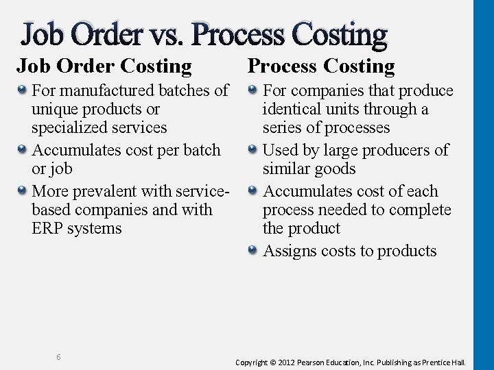 Job Order vs. Process Costing Job Order Costing For manufactured batches of unique products