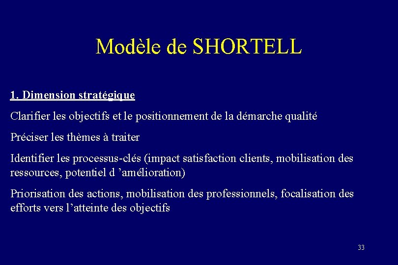 Modèle de SHORTELL 1. Dimension stratégique Clarifier les objectifs et le positionnement de la