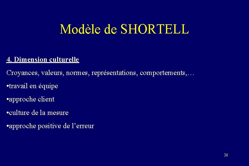 Modèle de SHORTELL 4. Dimension culturelle Croyances, valeurs, normes, représentations, comportements, … • travail