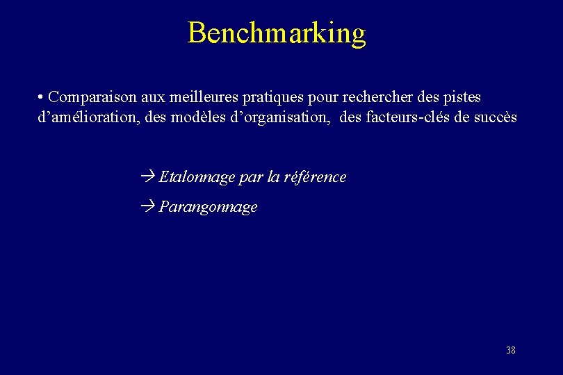 Benchmarking • Comparaison aux meilleures pratiques pour recher des pistes d’amélioration, des modèles d’organisation,