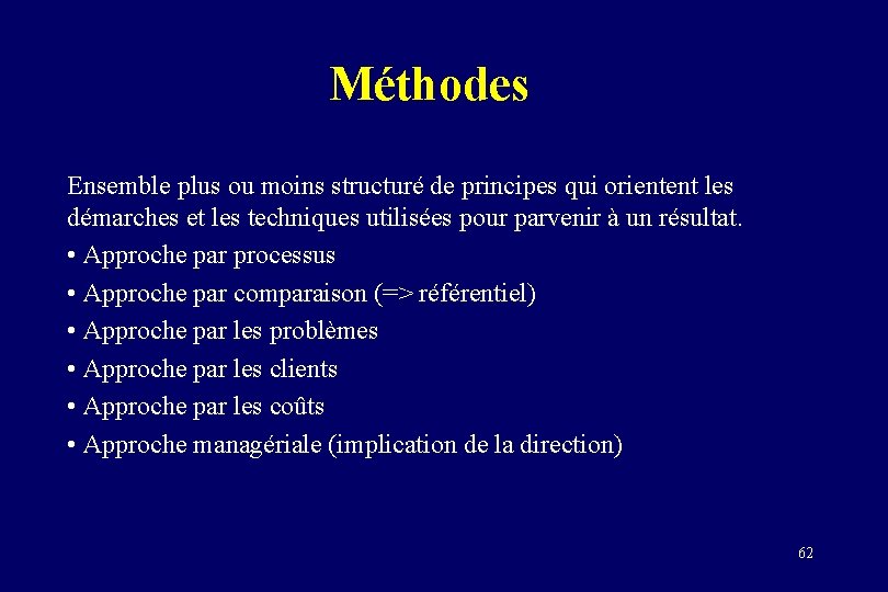 Méthodes Ensemble plus ou moins structuré de principes qui orientent les démarches et les