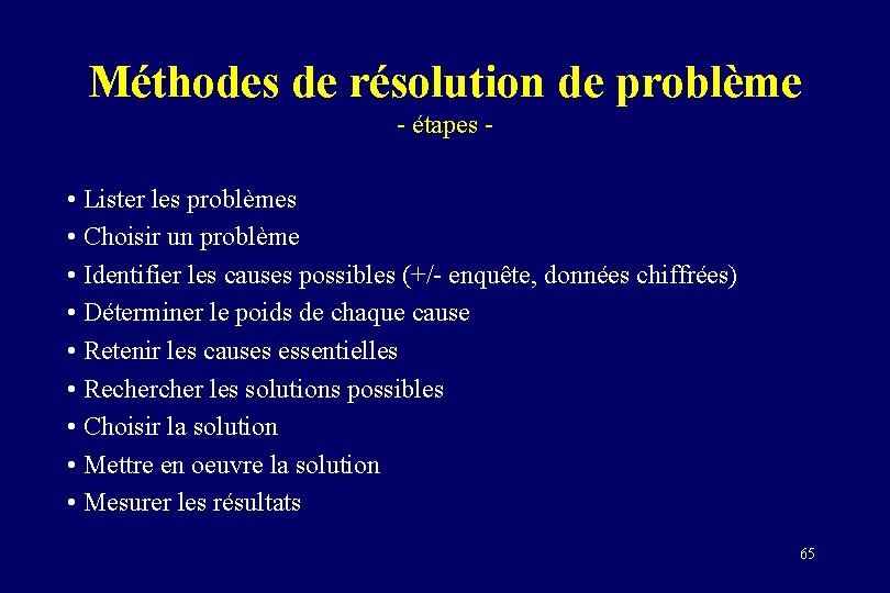 Méthodes de résolution de problème - étapes - • Lister les problèmes • Choisir