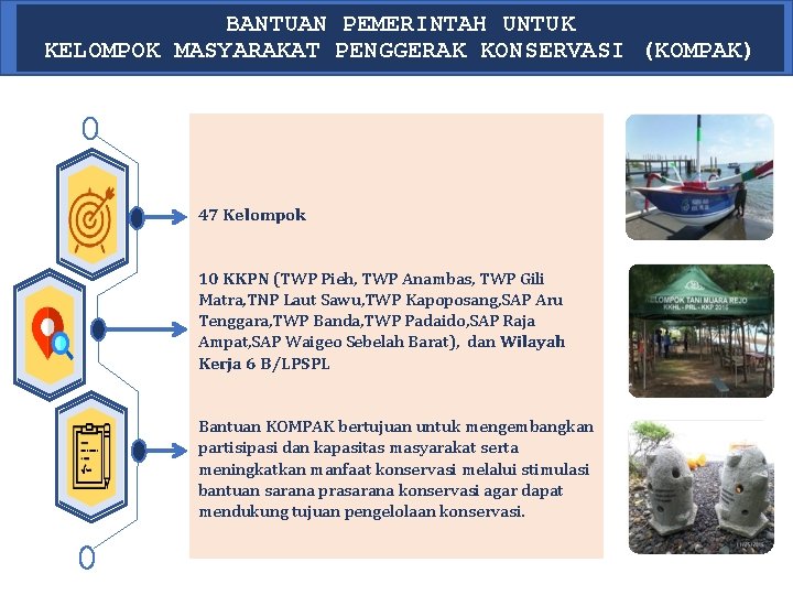BANTUAN PEMERINTAH UNTUK KELOMPOK MASYARAKAT PENGGERAK KONSERVASI (KOMPAK) 47 Kelompok 10 KKPN (TWP Pieh,