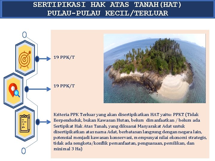 SERTIPIKASI HAK ATAS TANAH(HAT) PULAU-PULAU KECIL/TERLUAR 19 PPK/T Kriteria PPK Terluar yang akan disertipikatkan