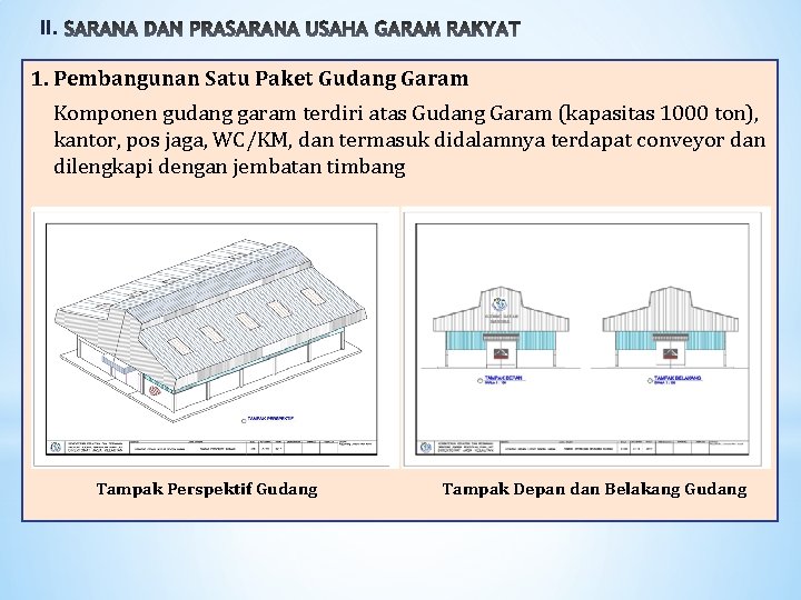 II. 1. Pembangunan Satu Paket Gudang Garam Komponen gudang garam terdiri atas Gudang Garam