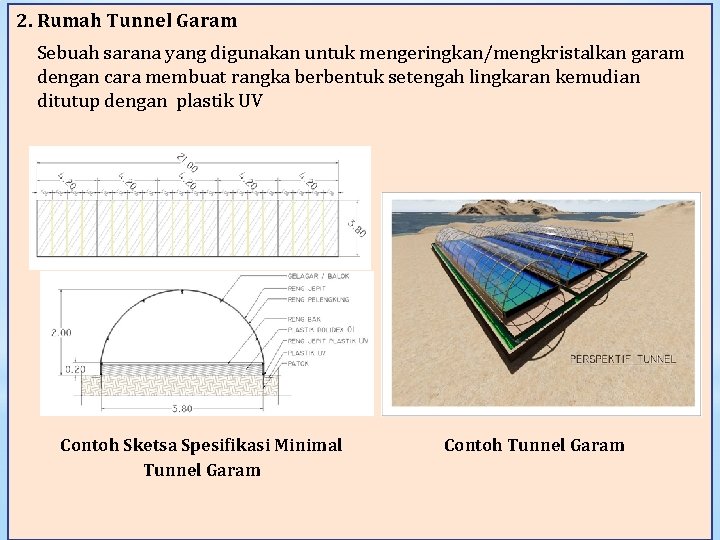 2. Rumah Tunnel Garam Sebuah sarana yang digunakan untuk mengeringkan/mengkristalkan garam dengan cara membuat