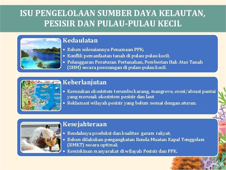 ISU PENGELOLAAN SUMBER DAYA KELAUTAN, PESISIR DAN PULAU-PULAU KECIL Kedaulatan • Belum selesaiannya Penamaan