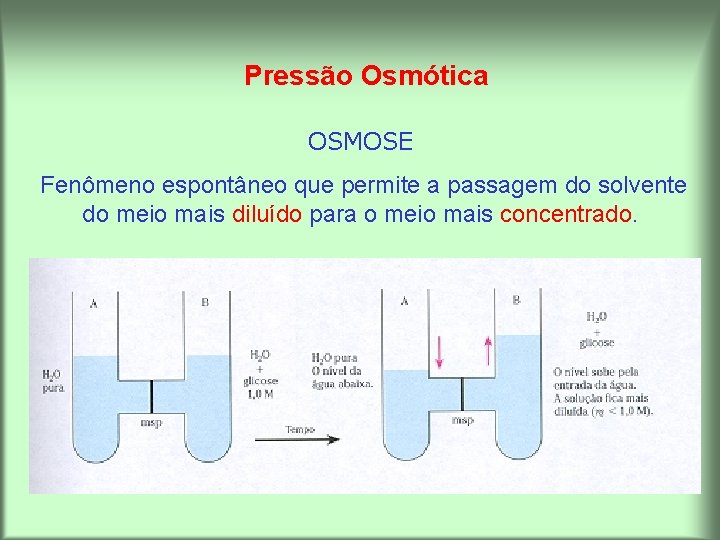 Pressão Osmótica OSMOSE Fenômeno espontâneo que permite a passagem do solvente do meio mais