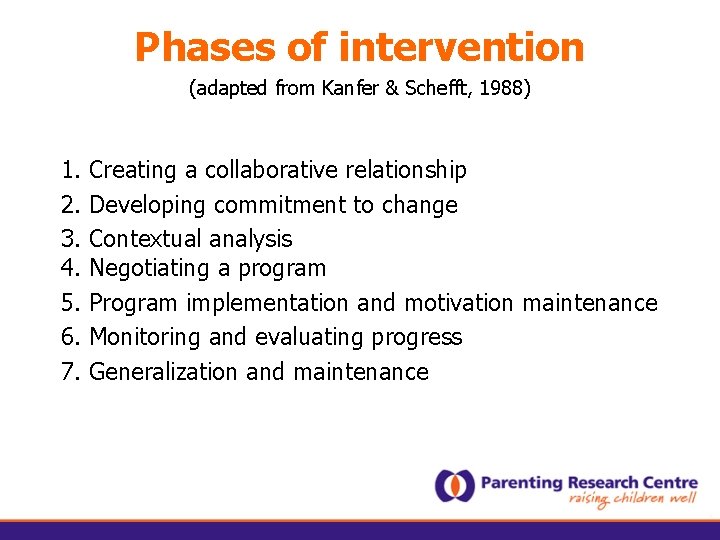 Phases of intervention (adapted from Kanfer & Schefft, 1988) 1. 2. 3. 4. 5.