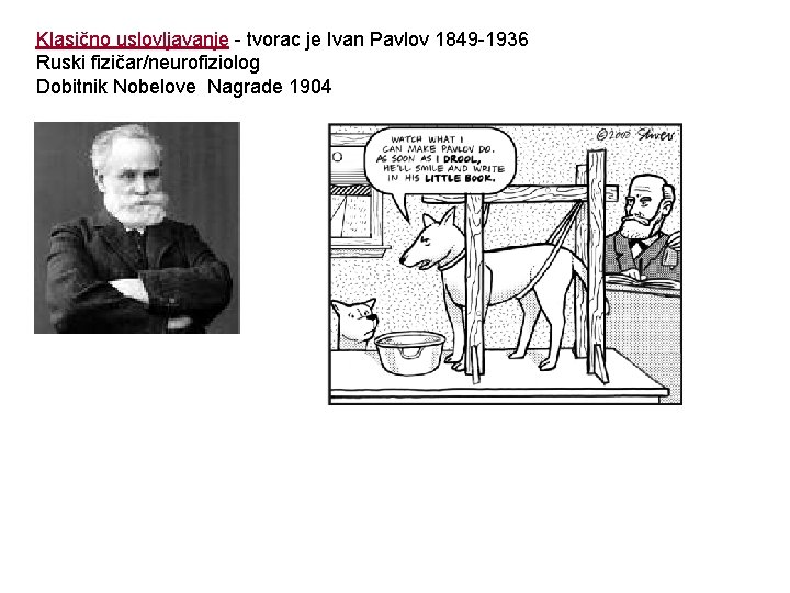 Klasično uslovljavanje - tvorac je Ivan Pavlov 1849 -1936 Ruski fizičar/neurofiziolog Dobitnik Nobelove Nagrade