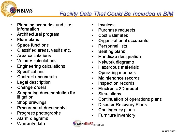 Facility Data That Could Be Included in BIM • • • • • Planning