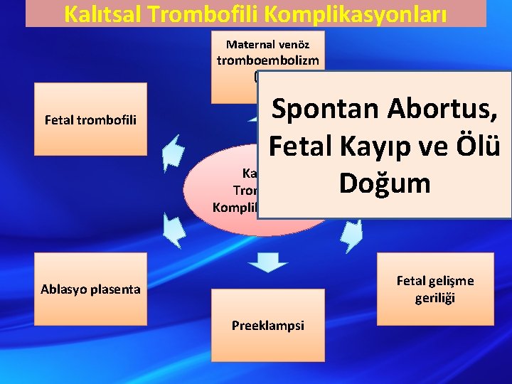 Kalıtsal Trombofili Komplikasyonları Maternal venöz tromboembolizm (VTE) Fetal trombofili Spontan Abortus, Fetal Kayıp ve