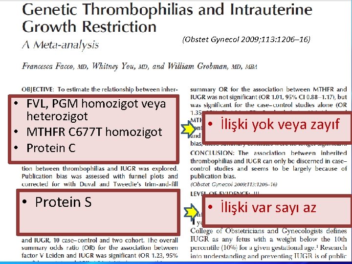 (Obstet Gynecol 2009; 113: 1206– 16) • FVL, PGM homozigot veya heterozigot • MTHFR