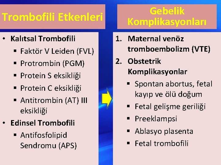 Trombofili Etkenleri • Kalıtsal Trombofili § Faktör V Leiden (FVL) § Protrombin (PGM) §