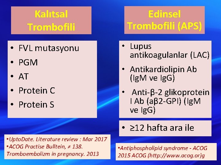  • • • Kalıtsal Trombofili Edinsel Trombofili (APS) FVL mutasyonu PGM AT Protein