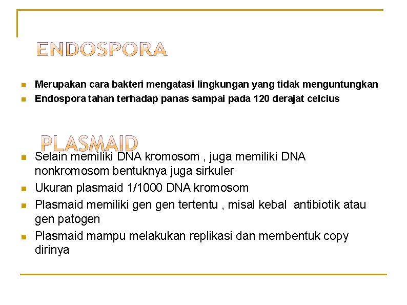 n n n Merupakan cara bakteri mengatasi lingkungan yang tidak menguntungkan Endospora tahan terhadap