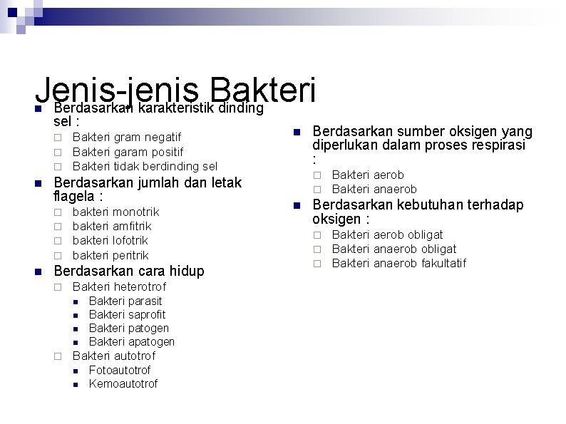 Jenis-jenis Bakteri Berdasarkan karakteristik dinding n sel : ¨ ¨ ¨ n Berdasarkan jumlah