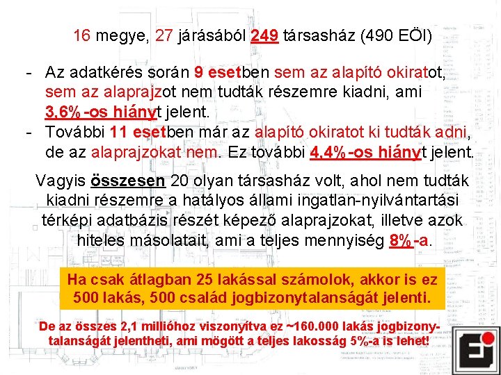 16 megye, 27 járásából 249 társasház (490 EÖI) - Az adatkérés során 9 esetben