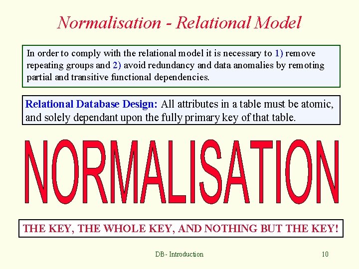 Normalisation - Relational Model In order to comply with the relational model it is