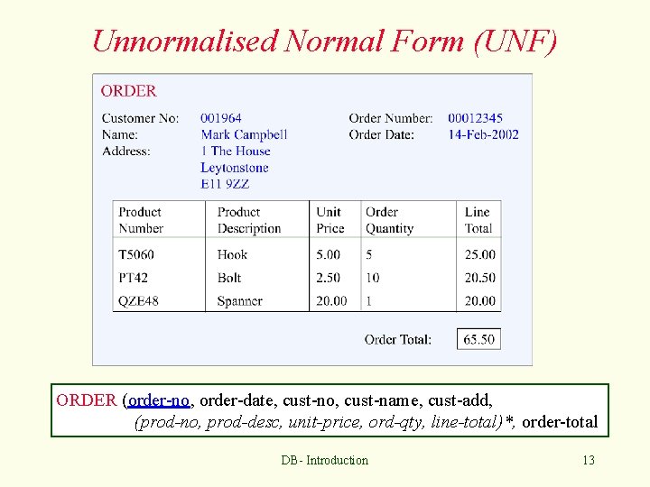 Unnormalised Normal Form (UNF) ORDER (order-no, order-date, cust-no, cust-name, cust-add, (prod-no, prod-desc, unit-price, ord-qty,