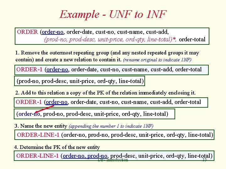 Example - UNF to 1 NF ORDER (order-no, order-date, cust-no, cust-name, cust-add, (prod-no, prod-desc,
