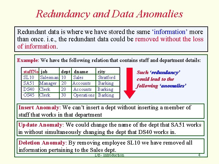 Redundancy and Data Anomalies Redundant data is where we have stored the same ‘information’