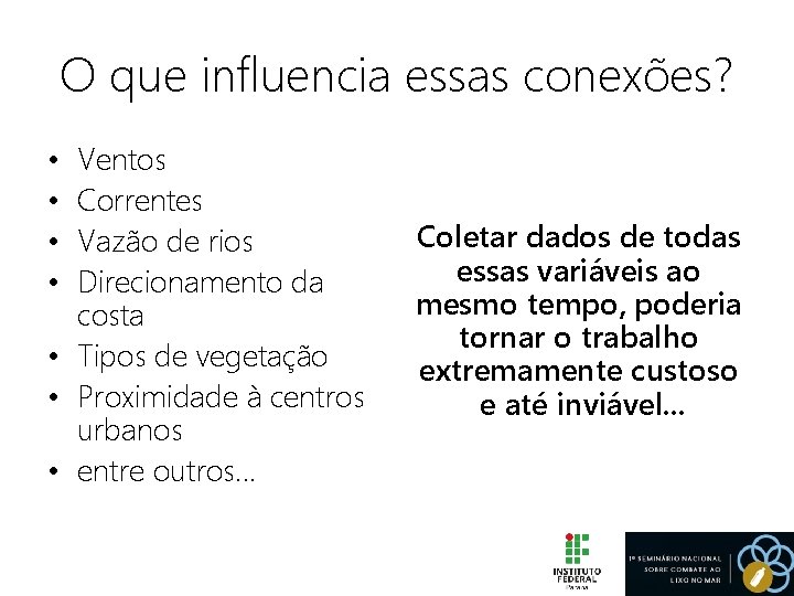 O que influencia essas conexões? Ventos Correntes Vazão de rios Direcionamento da costa •