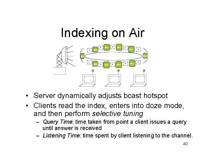 Indexing on Air inx inx inx • Server dynamically adjusts bcast hotspot • Clients