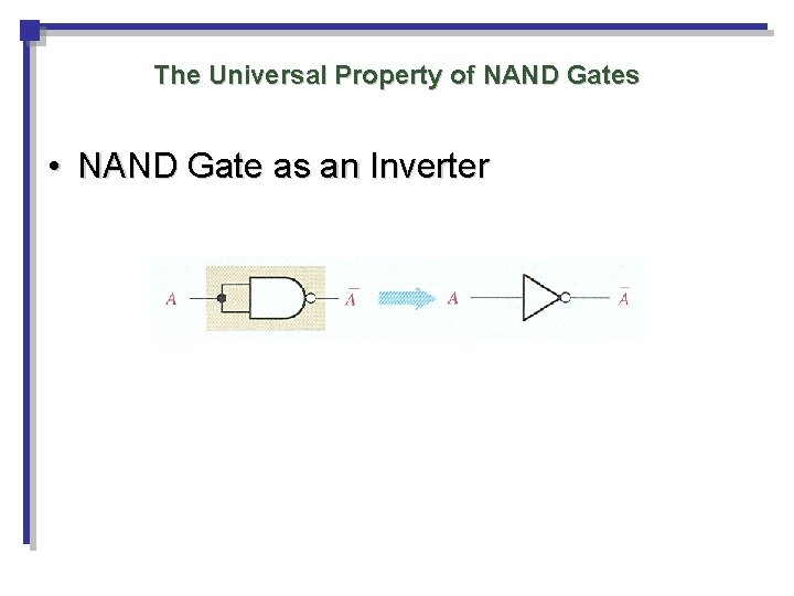 The Universal Property of NAND Gates • NAND Gate as an Inverter The Universal Property of NAND Gates • NAND Gate as an Inverter