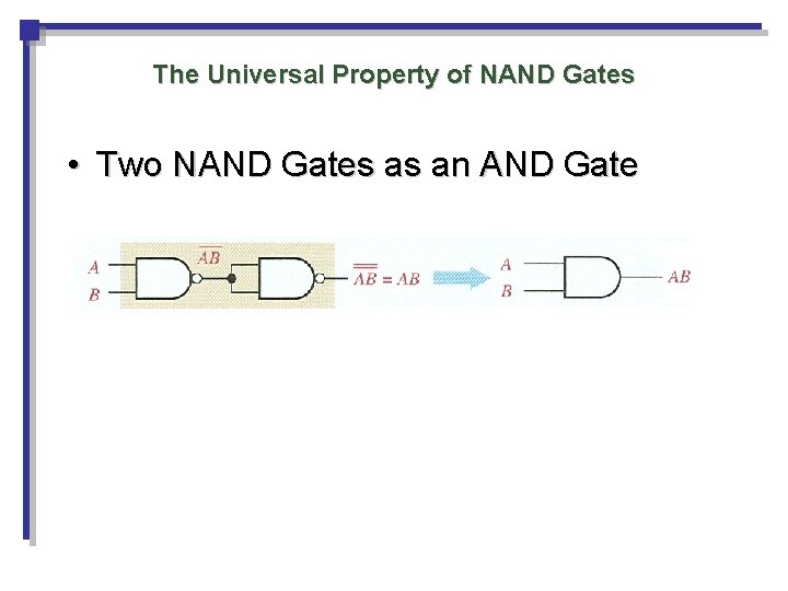 The Universal Property of NAND Gates • Two NAND Gates as an AND Gate The Universal Property of NAND Gates • Two NAND Gates as an AND Gate
