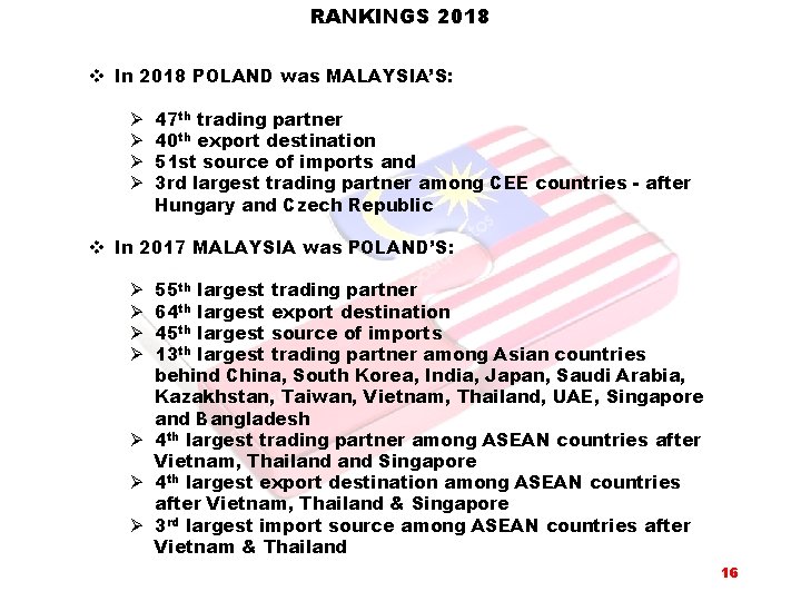 RANKINGS 2018 v In 2018 POLAND was MALAYSIA’S: Ø Ø 47 th trading partner