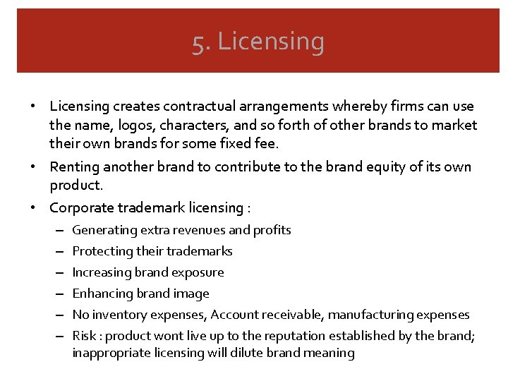 5. Licensing • Licensing creates contractual arrangements whereby firms can use the name, logos, 5. Licensing • Licensing creates contractual arrangements whereby firms can use the name, logos,