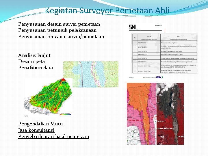 Kegiatan Surveyor Pemetaan Ahli Penyusunan desain survei pemetaan Penyusunan petunjuk pelaksanaan Penyusunan rencana survei/pemetaan