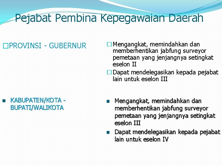 Pejabat Pembina Kepegawaian Daerah �PROVINSI - GUBERNUR n KABUPATEN/KOTA BUPATI/WALIKOTA � Mengangkat, memindahkan dan