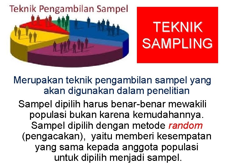TEKNIK SAMPLING Merupakan teknik pengambilan sampel yang akan digunakan dalam penelitian Sampel dipilih harus