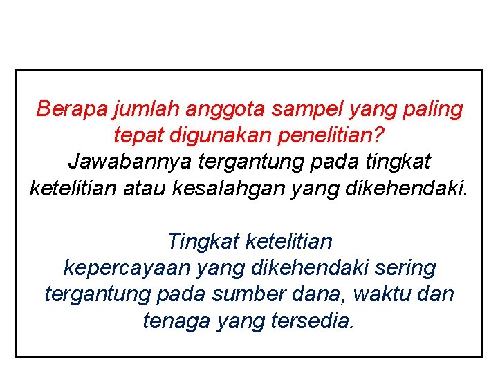 Berapa jumlah anggota sampel yang paling tepat digunakan penelitian? Jawabannya tergantung pada tingkat ketelitian