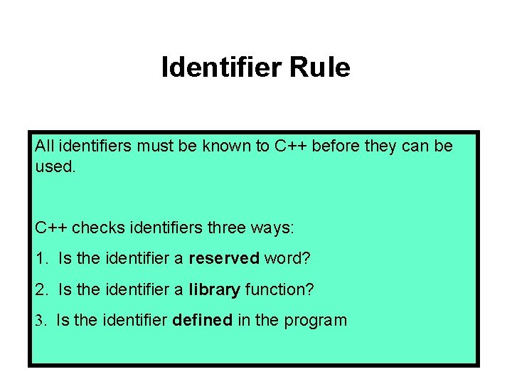 Identifier Rule All identifiers must be known to C++ before they can be used. Identifier Rule All identifiers must be known to C++ before they can be used.